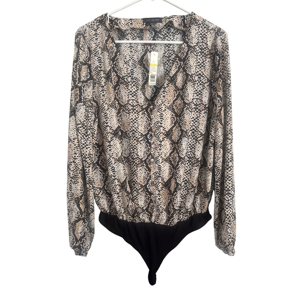 The Limited Women's L Snake Print Bodysuit Blouse Long Sleeve Collared NWT